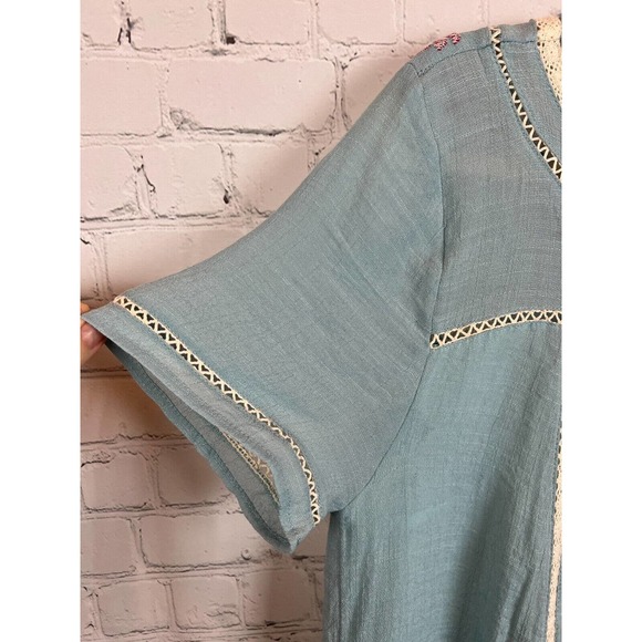 UMGEE light blue boho embroidered lace trim A-line short sleeve dress size L - Picture 5 of 9